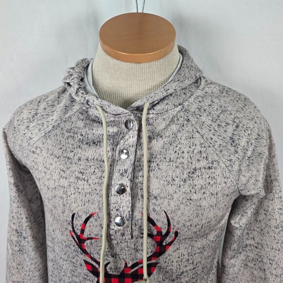 Suvimuga Hoodie Adult S Gray Check Graphic Deer Print 1/3 Snap Drawstrings NWT - Picture 2 of 15